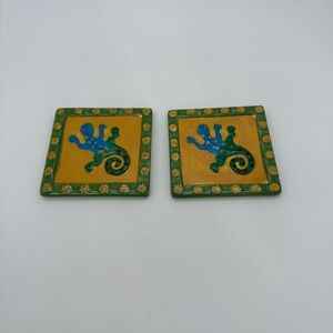Southwestern Hanging Tiles Mexican Gecko Lizard Folk Art Pottery Set Of 2 Vtg.